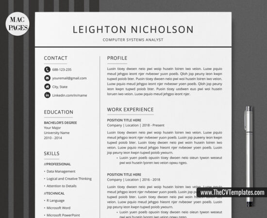www.thecvtemplates.com - cv templates for mac pages, resume templates for apple pages, professional cv template, modern cv template, simple cv template, student cv template, 1 page resume template, 2 page resume template, 3 page resume template, editable resume template design, resume format design, cover letter template, references template, resume template download, Leighton resume template
