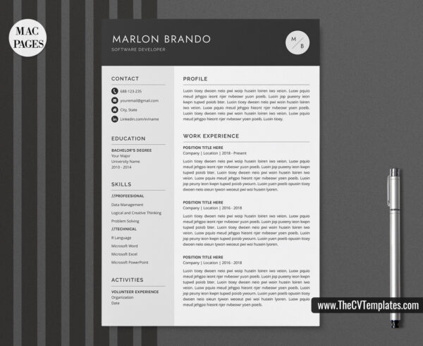 www.thecvtemplates.com - cv templates for mac pages, resume templates for apple pages, professional cv template, modern cv template, simple cv template, student cv template, 1 page resume template, 2 page resume template, 3 page resume template, editable resume template design, resume format design, cover letter template, references template, resume template download, Marlon resume template