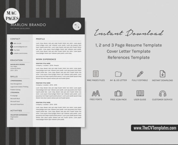 www.thecvtemplates.com - cv templates for mac pages, resume templates for apple pages, professional cv template, modern cv template, simple cv template, student cv template, 1 page resume template, 2 page resume template, 3 page resume template, editable resume template design, resume format design, cover letter template, references template, resume template download, Marlon resume template