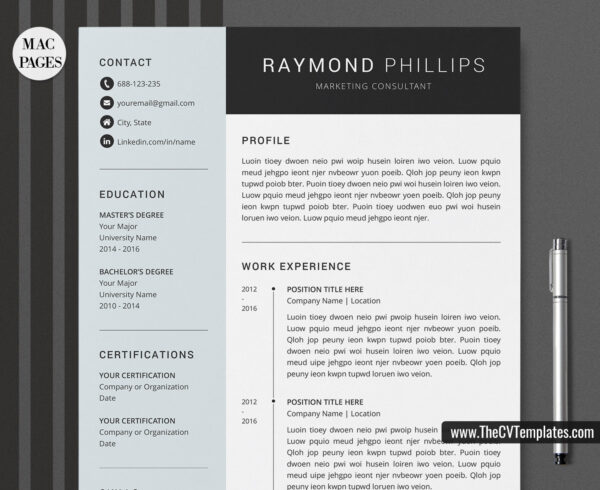 www.thecvtemplates.com - cv templates for mac pages, resume templates for apple pages, professional cv template, modern cv template, simple cv template, student cv template, 1 page resume template, 2 page resume template, 3 page resume template, editable resume template design, resume format design, cover letter template, references template, resume template download, Raymond resume template