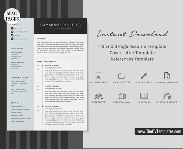 www.thecvtemplates.com - cv templates for mac pages, resume templates for apple pages, professional cv template, modern cv template, simple cv template, student cv template, 1 page resume template, 2 page resume template, 3 page resume template, editable resume template design, resume format design, cover letter template, references template, resume template download, Raymond resume template