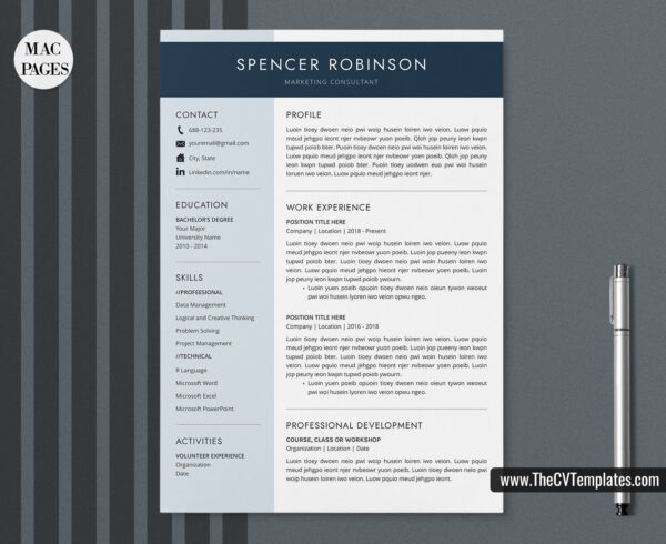 www.thecvtemplates.com - cv templates for mac pages, resume templates for apple pages, professional cv template, modern cv template, simple cv template, student cv template, 1 page resume template, 2 page resume template, 3 page resume template, editable resume template design, resume format design, cover letter template, references template, resume template download, Spencer resume template