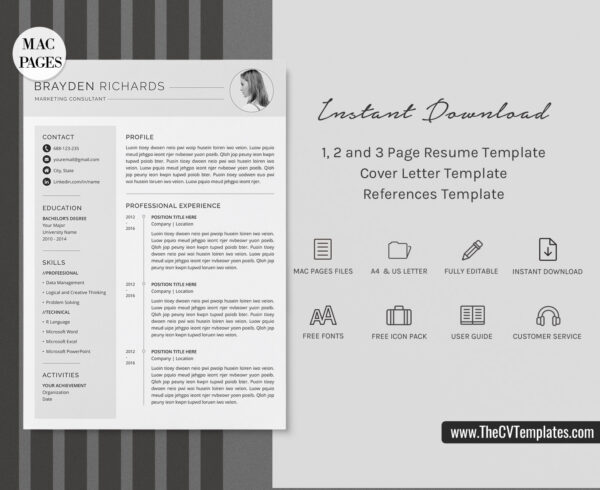 www.thecvtemplates.com - cv templates for mac pages, resume templates for apple pages, professional cv template, modern cv template, simple cv template, student cv template, 1 page resume template, 2 page resume template, 3 page resume template, editable resume template design, resume format design, cover letter template, references template, resume template download, Brayden resume template